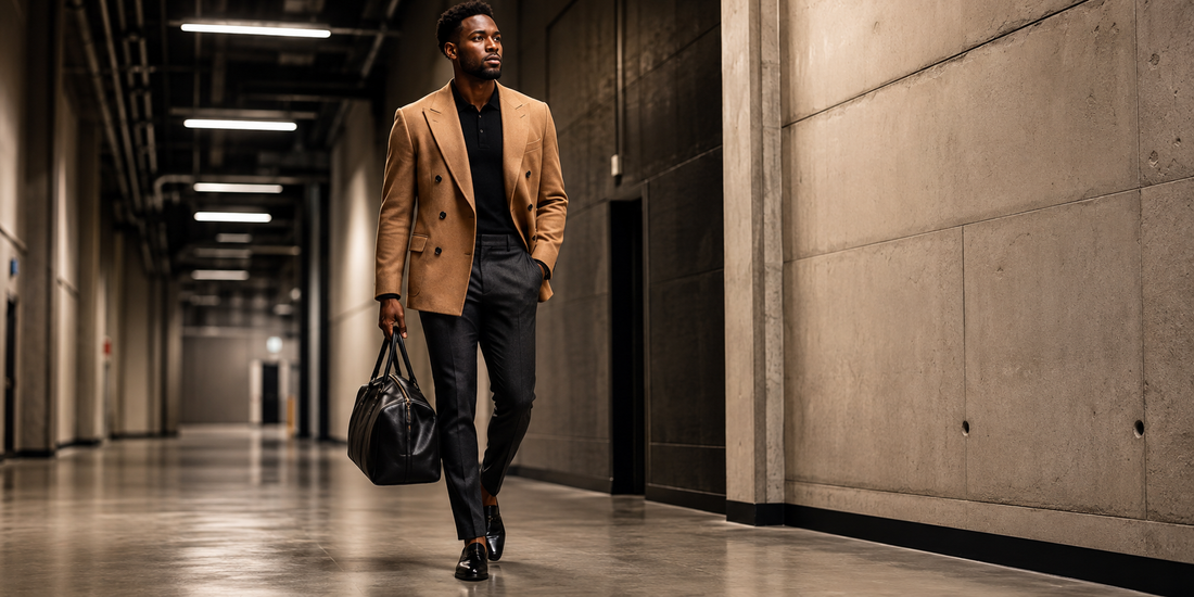 Stylish man in a camel blazer walking confidently through a modern arena corridor