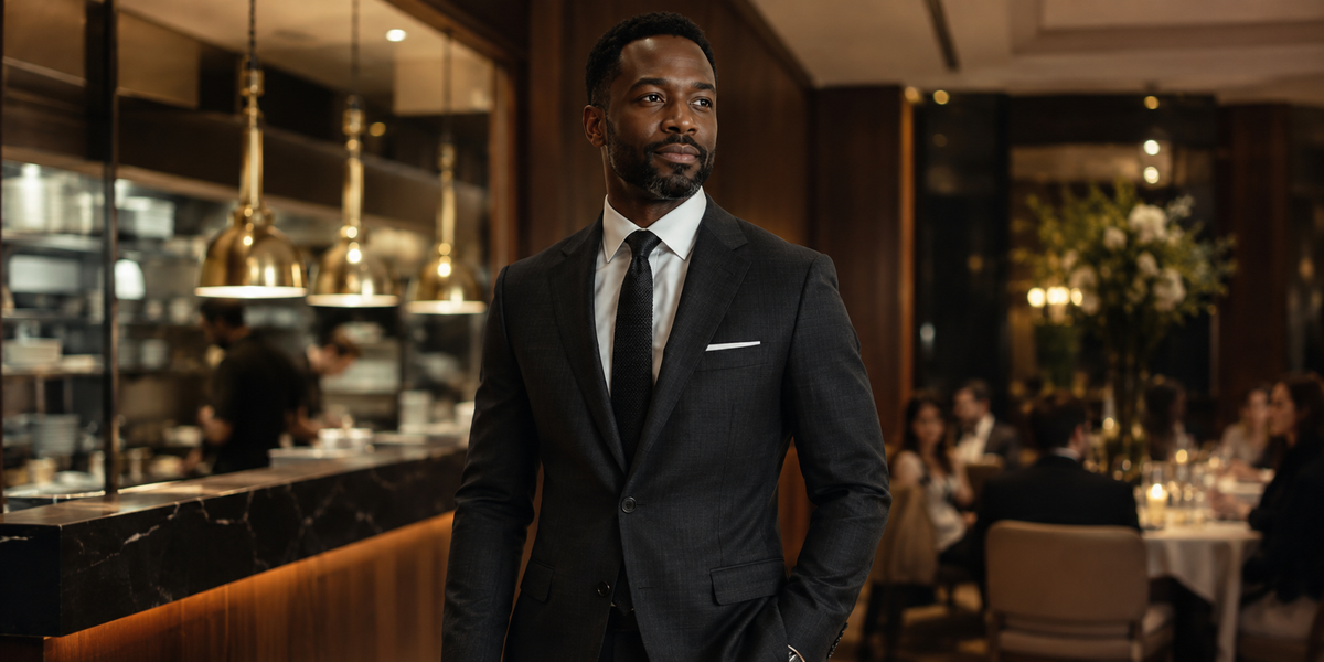 Well-dressed man in a charcoal suit standing between a restaurant kitchen and dining room