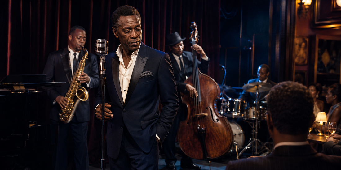 Elegant jazz bandleader in a midnight tuxedo performing in an intimate club