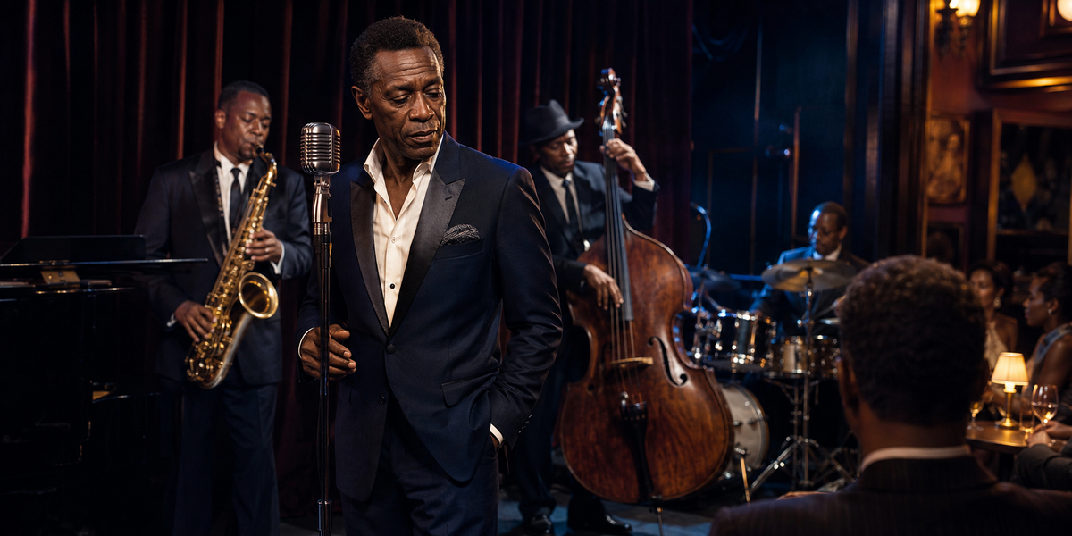 Elegant jazz bandleader in a midnight tuxedo performing in an intimate club