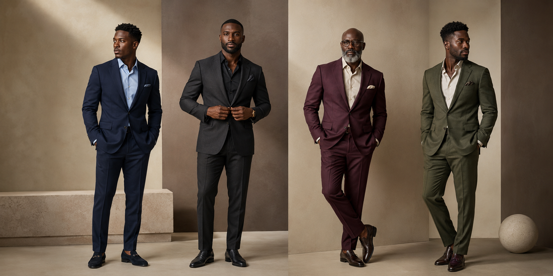 Four stylish men wearing tailored looks in navy, charcoal, burgundy, and olive
