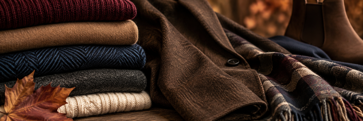 Stacked fall knitwear and wool fabrics in rich autumn tones including burgundy, navy, camel, and cream