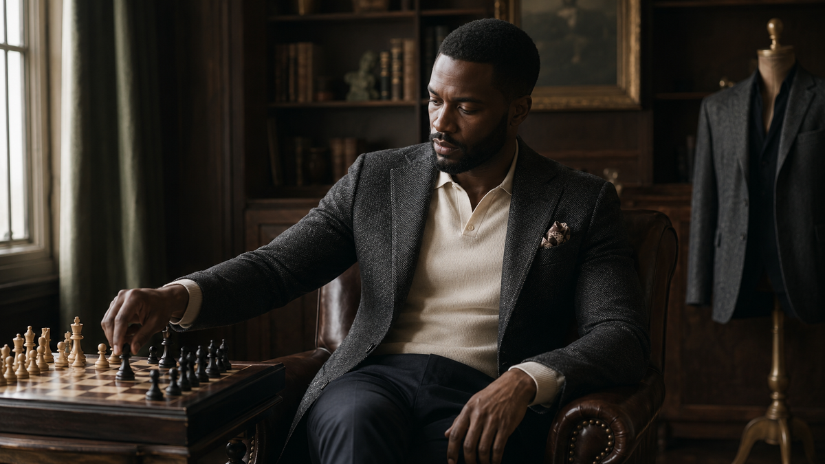 Thoughtful man in a charcoal blazer planning his next move at a chessboard in a refined library