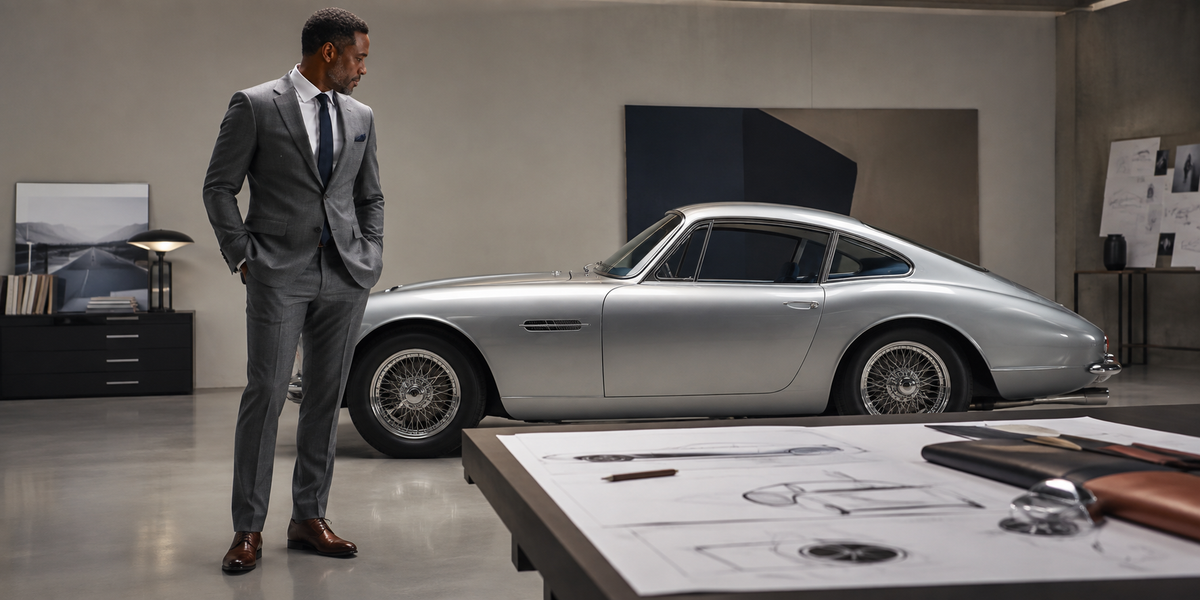 Tailored man in an automotive design studio beside a classic silver coupe and proportion sketches