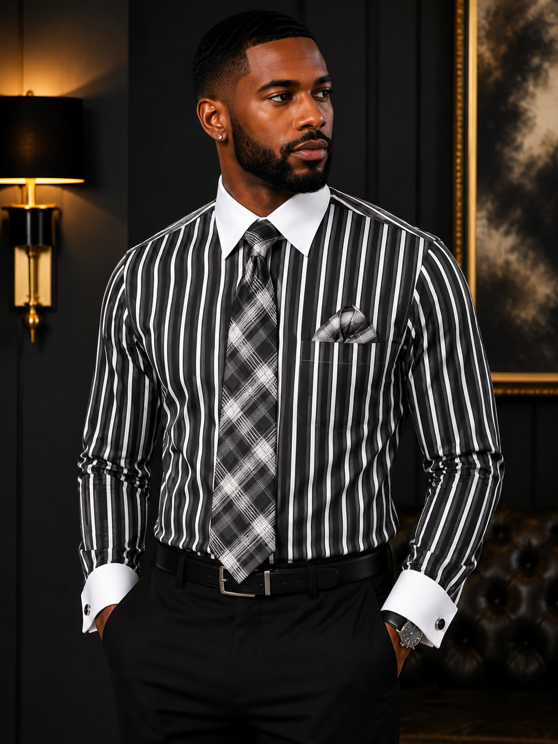 Daniel Ellissa Men's Long Sleeve Dress Shirt Set - Black/White Stripe