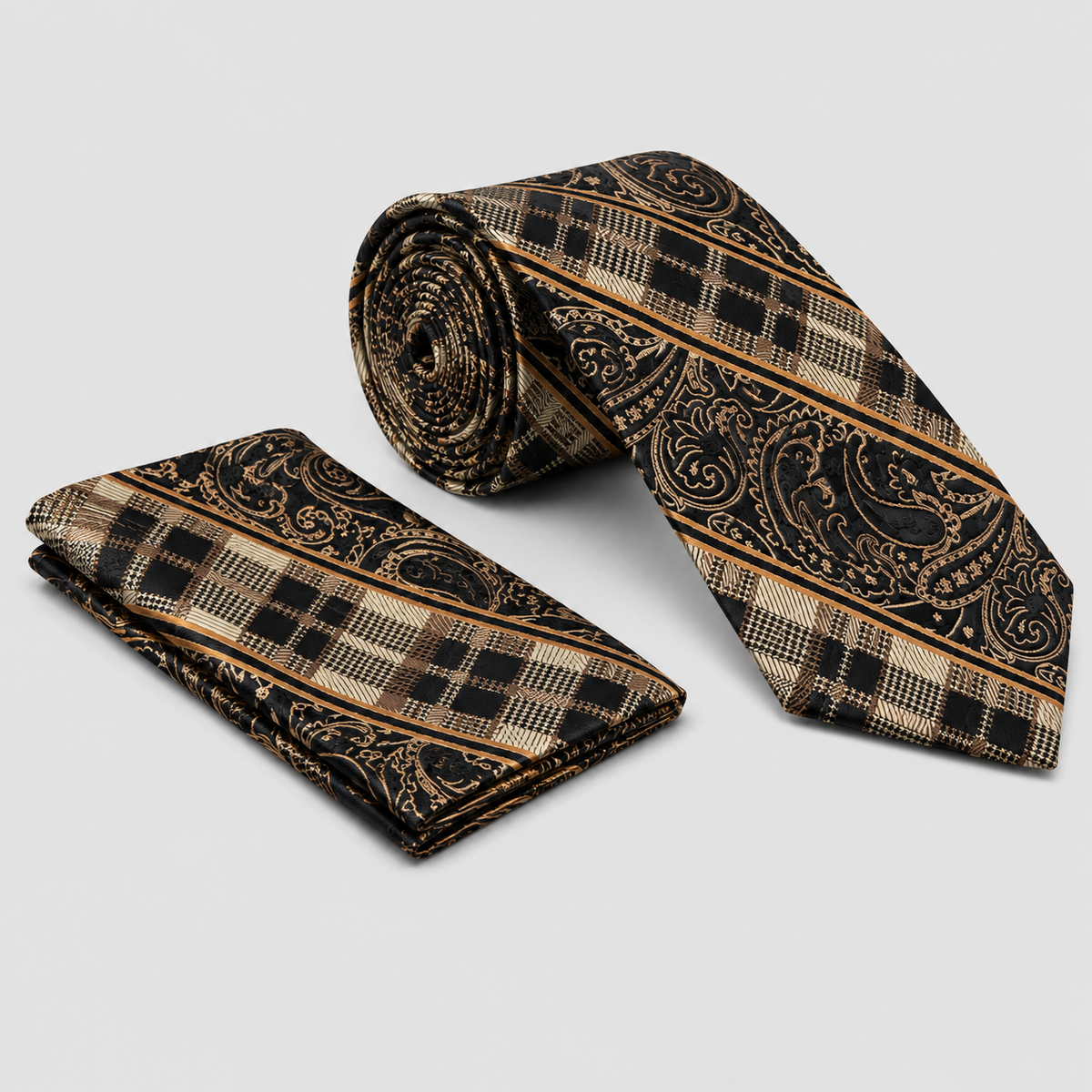 Stacy Adams Plaid Paisley Tie & Pocket Square Set - Taupe