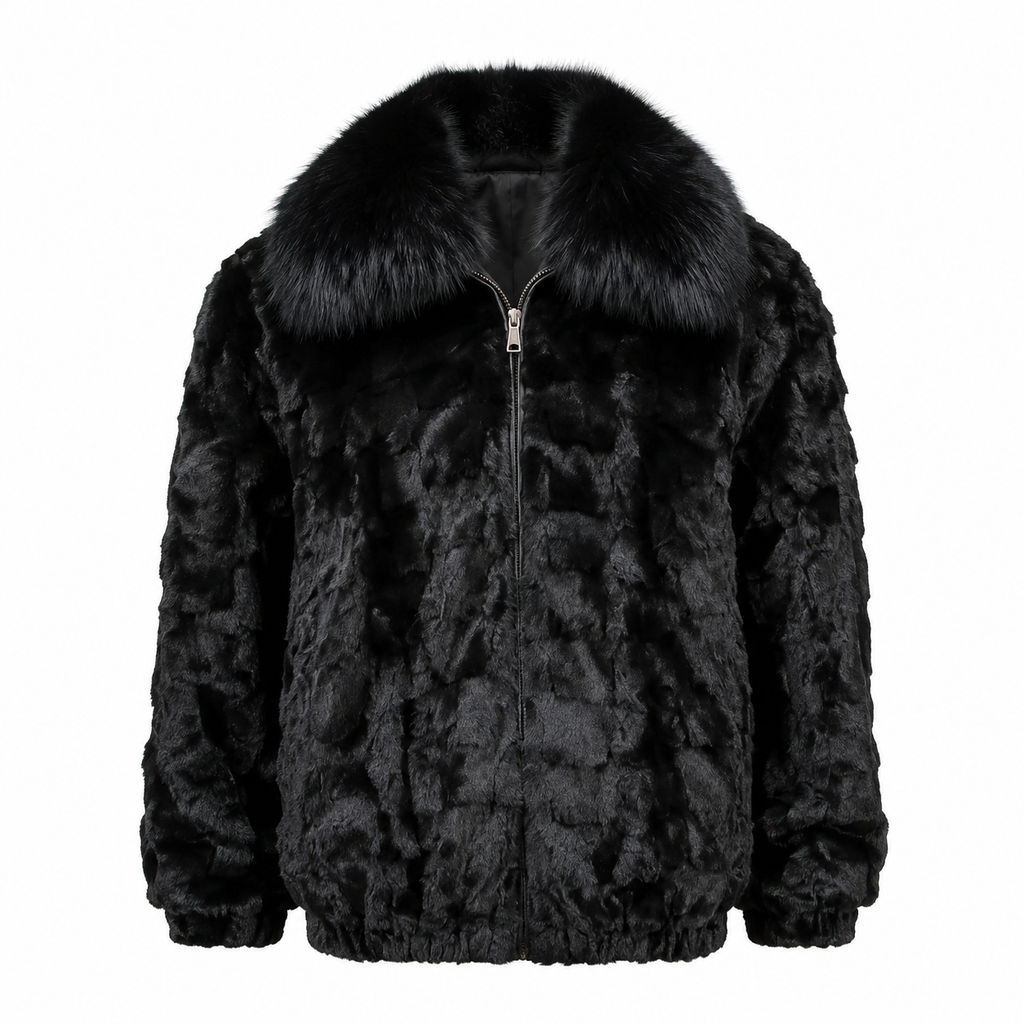 Winter Fur Men's Black Diamond Mink Jacket with Full-Skin Fox Collar
