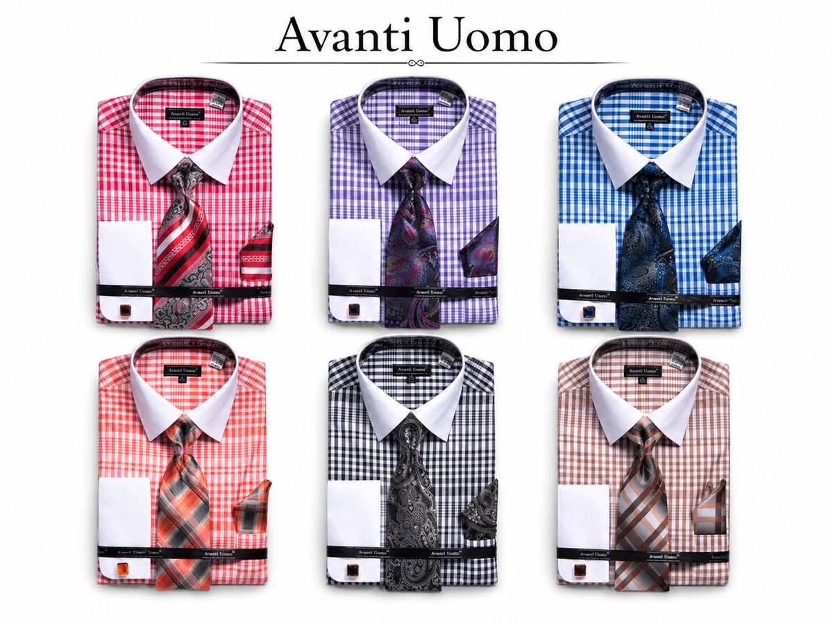 Avanti Uomo Men's Checkered Dress Shirt & Tie Set