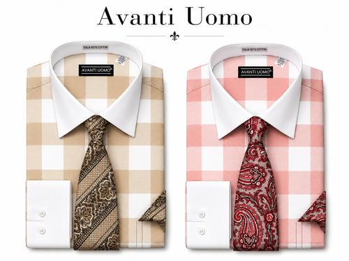 Avanti Uomo Men's Plaid Dress Shirt Set with Matching Tie Pocket Square & Cufflinks