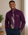 Man wearing St. Patrick STH10-3 plum dress shirt with paisley tie and pocket square – lifestyle model shot