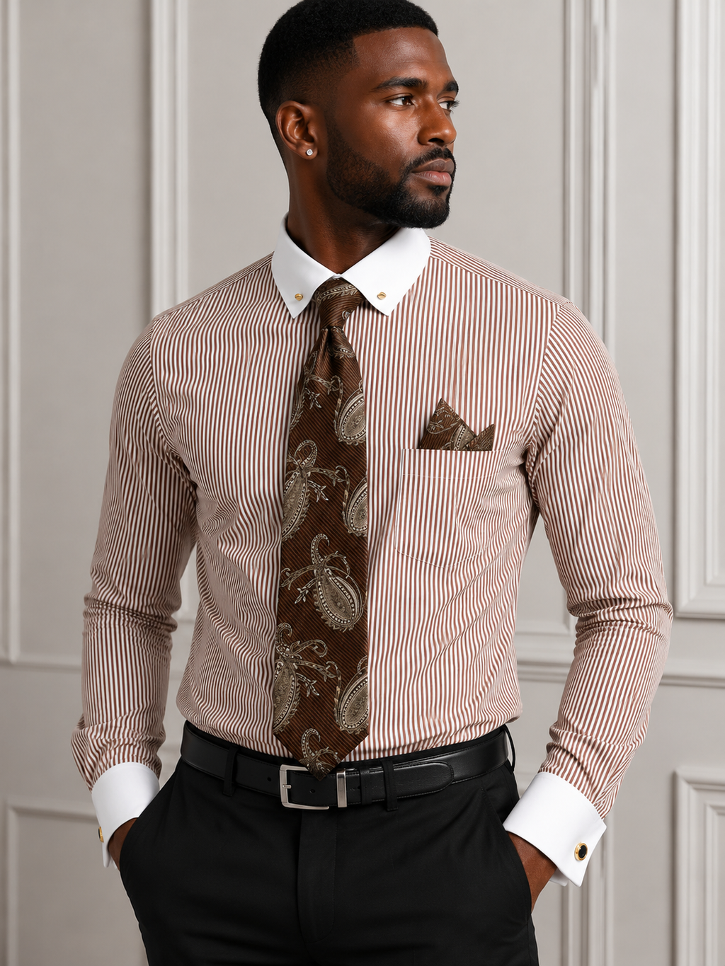 Karl Knox Mens Pinstripe Eyelet Collar Bar Dress Shirt + Tie