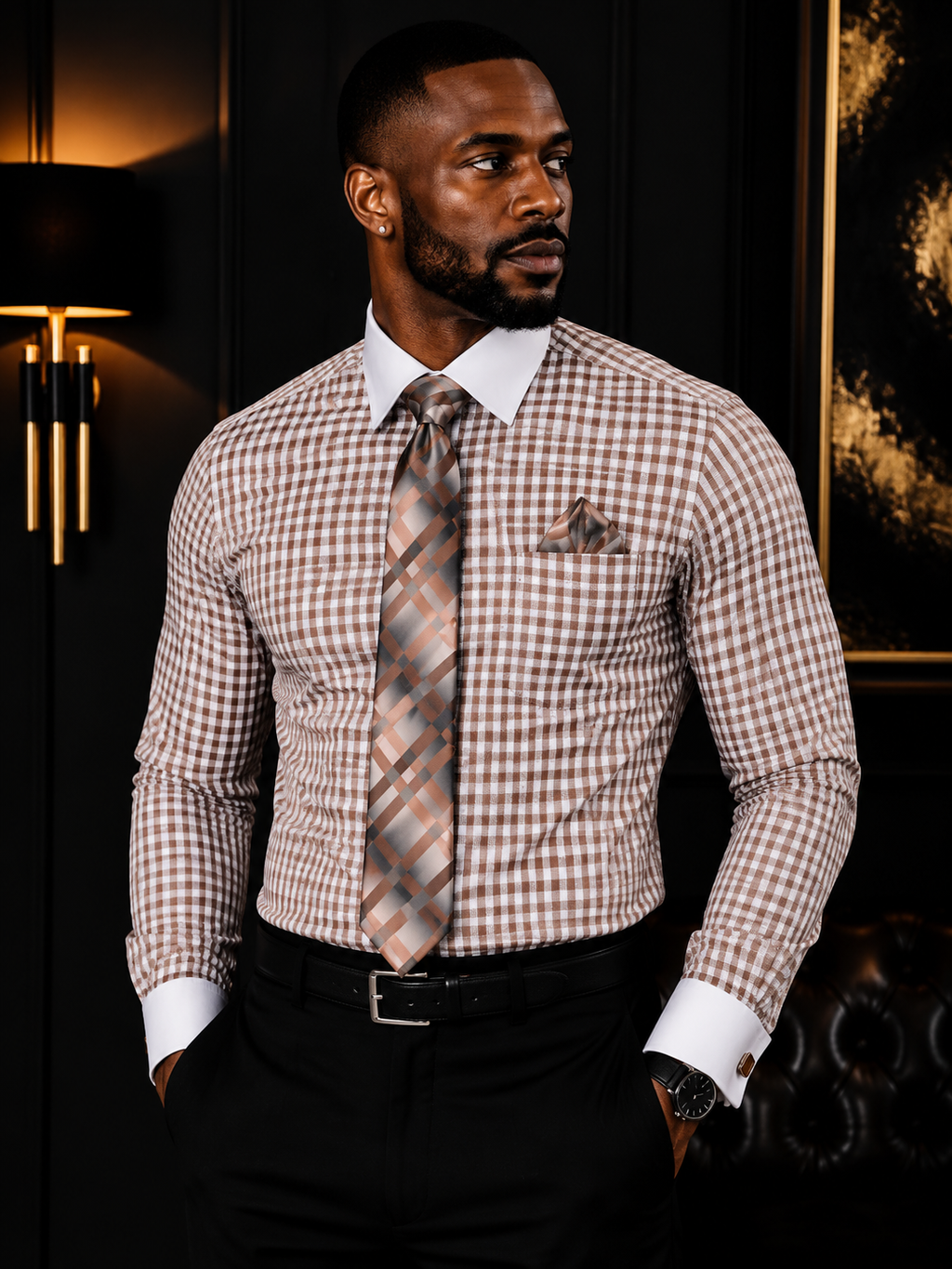 Avanti Uomo Men's Checkered Dress Shirt & Tie Set