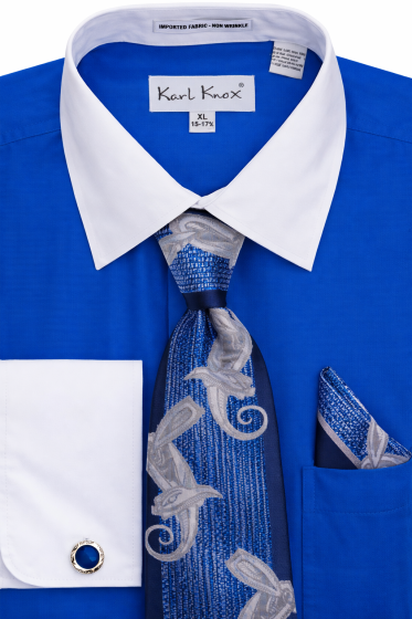 Karl Knox Men's French Cuff Solid Shirt Set - White Collar and Cuffs