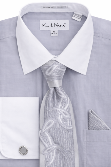 Karl Knox Men's French Cuff Solid Shirt Set - White Collar and Cuffs