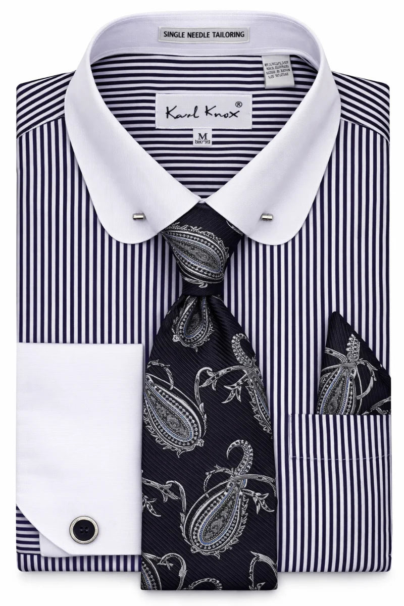 Karl Knox Mens Pinstripe Eyelet Collar Bar Dress Shirt + Tie