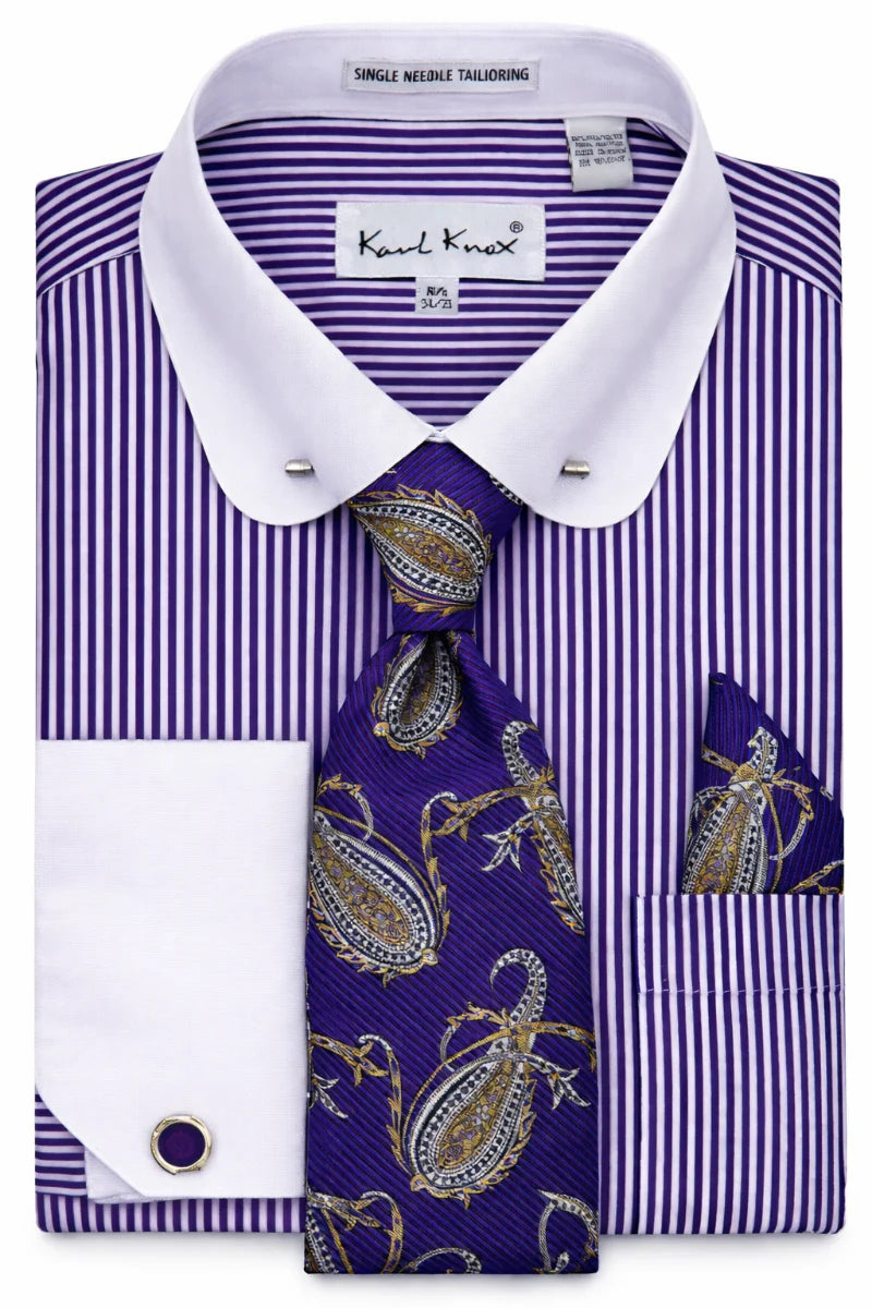 Karl Knox Mens Pinstripe Eyelet Collar Bar Dress Shirt + Tie