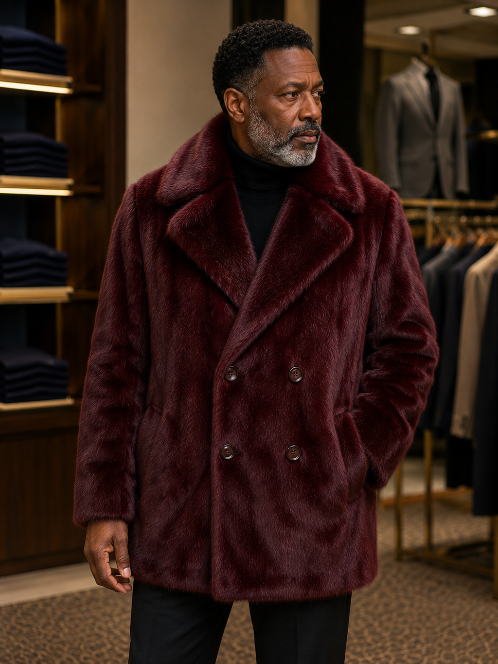 Men's double-breasted burgundy rabbit fur coat - front view