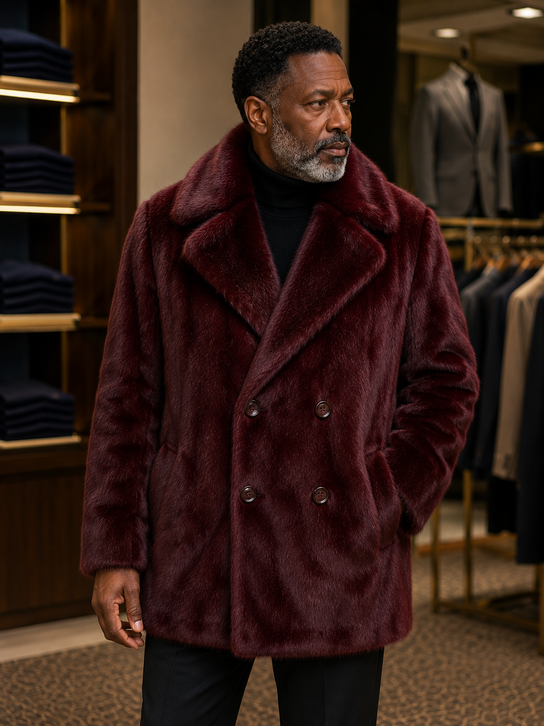 Men's double-breasted burgundy rabbit fur coat - front view
