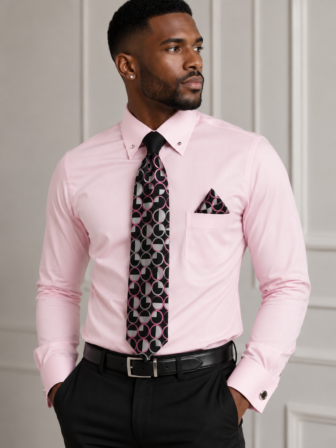 Karl Knox Men's French Cuff Collar Bar Shirt Set - Circle Tie