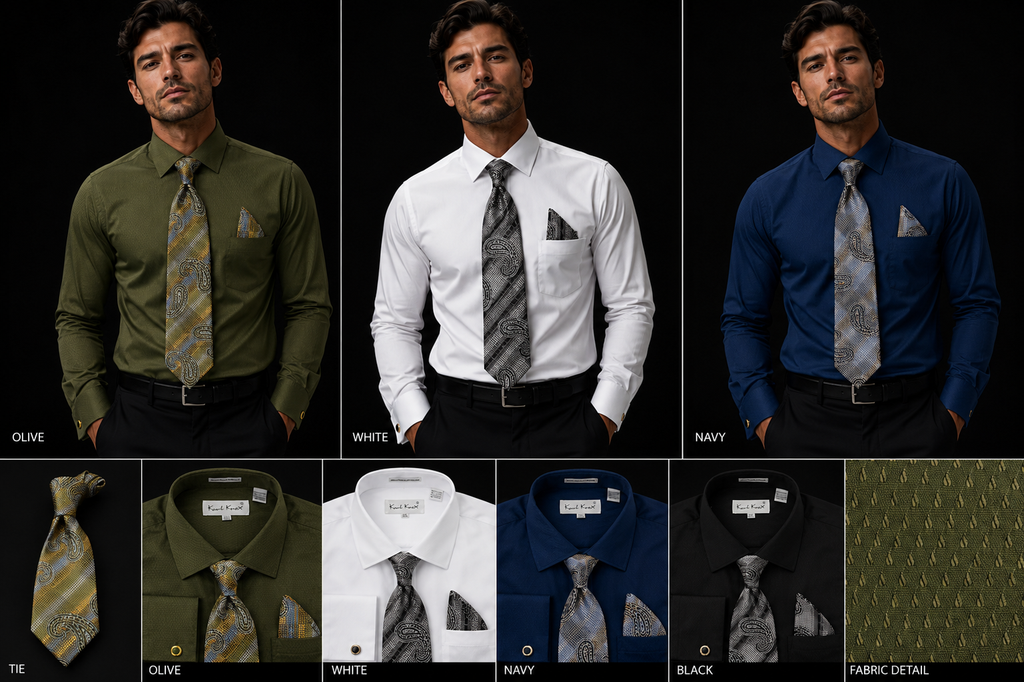 Karl Knox Men's French Cuff Solid Shirt Set - Subtle Dot Texture
