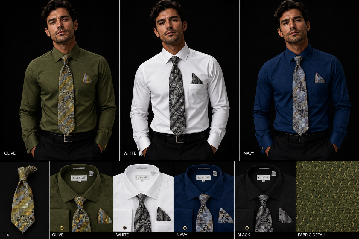 Karl Knox Men's French Cuff Solid Shirt Set - Subtle Dot Texture