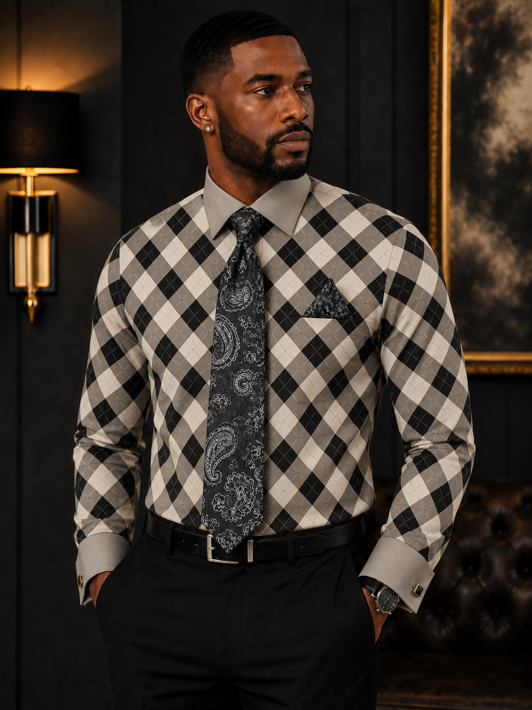 Avanti Uomo Men's Diamond Checkered Dress Shirt and Tie Set