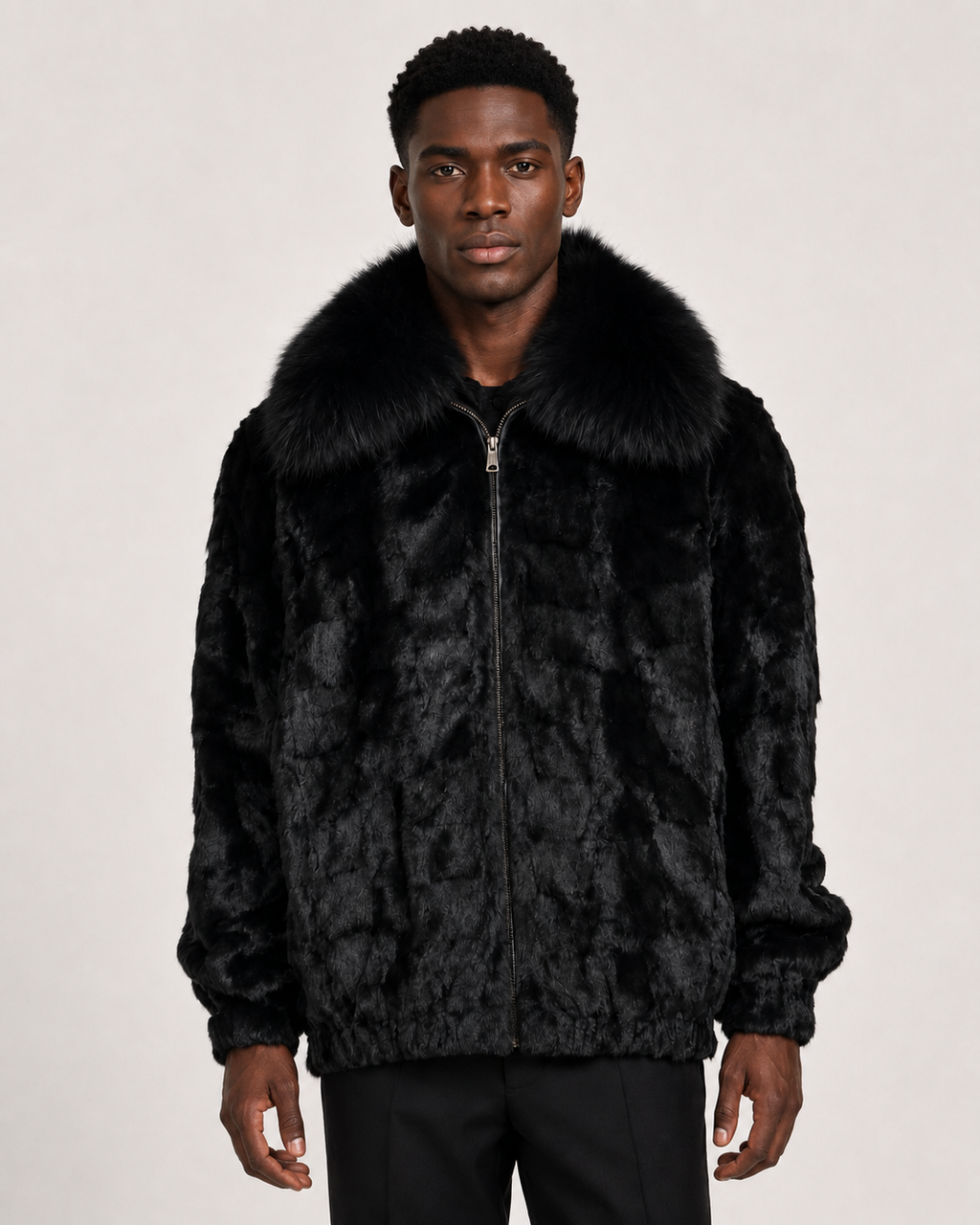 Winter Fur Men's Black Diamond Mink Jacket with Full-Skin Fox Collar