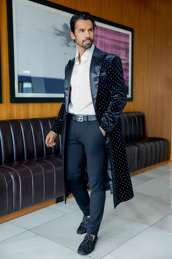 Barabas Men's Fancylap Rhinestone Long Coat – Slim Fit Velvet Luxury Coat | Harrisburg Central PA