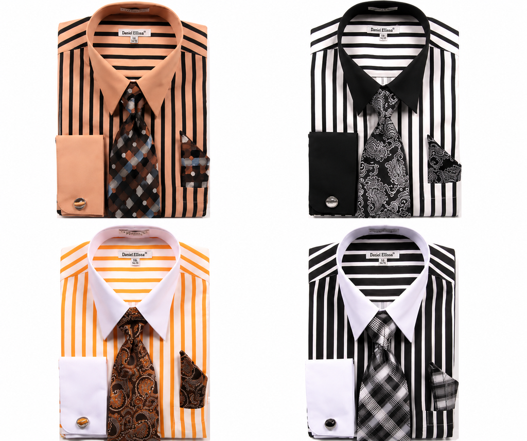 Daniel Ellissa Men's Long Sleeve Dress Shirt Set - Black/White Stripe