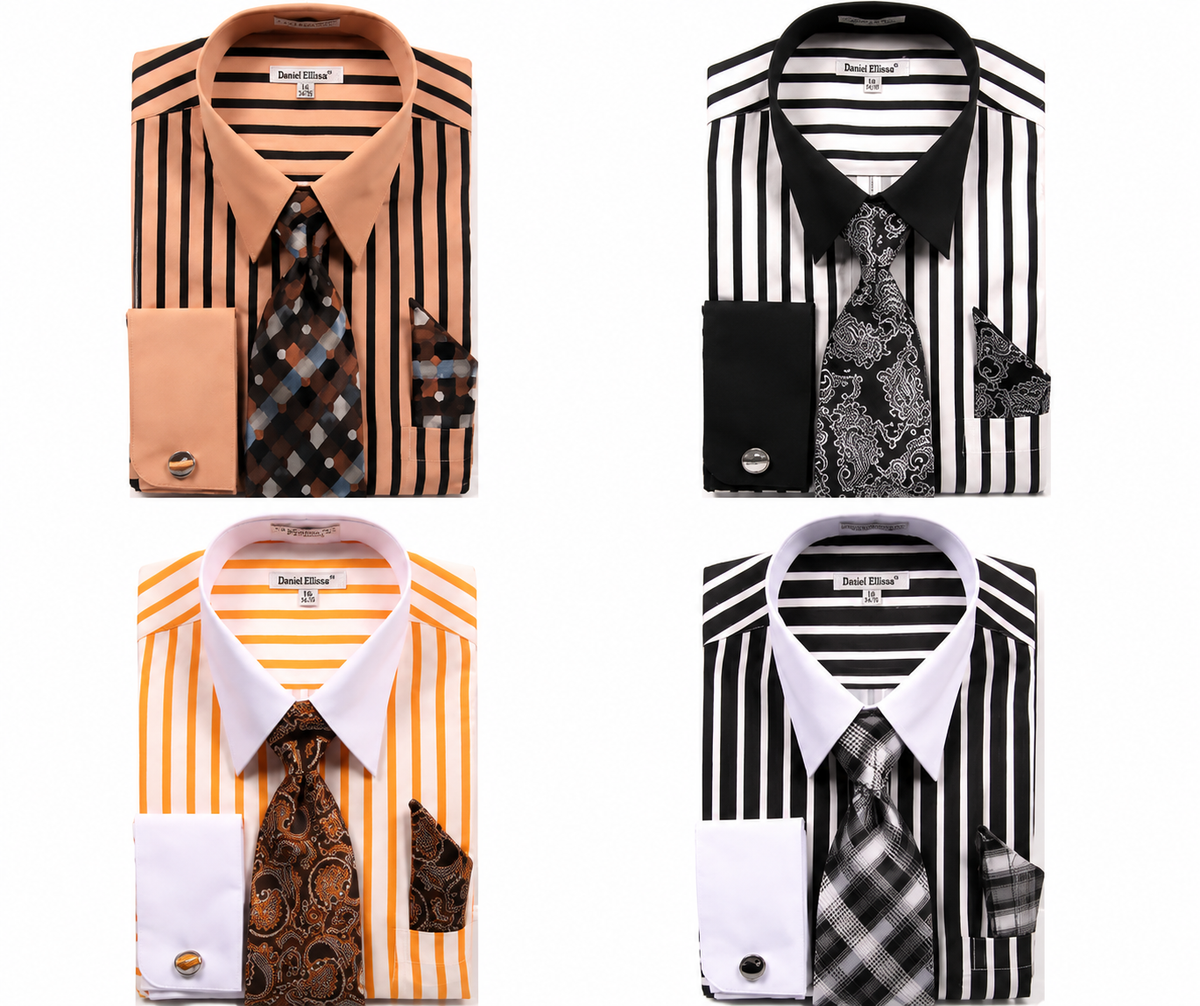 Daniel Ellissa Men's Long Sleeve Dress Shirt Set - Black/White Stripe