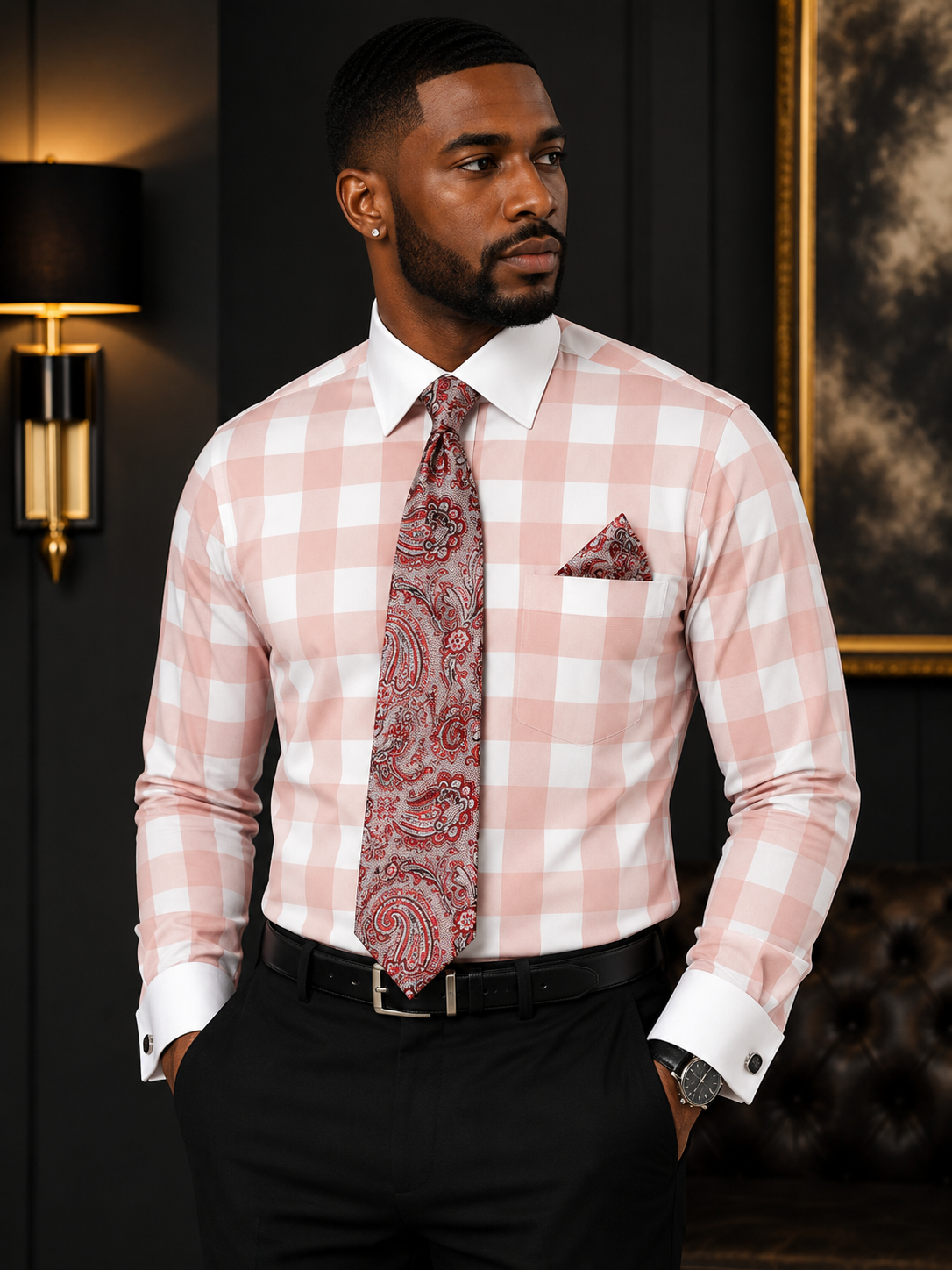 Avanti Uomo Men's Plaid Dress Shirt Set with Matching Tie Pocket Square & Cufflinks