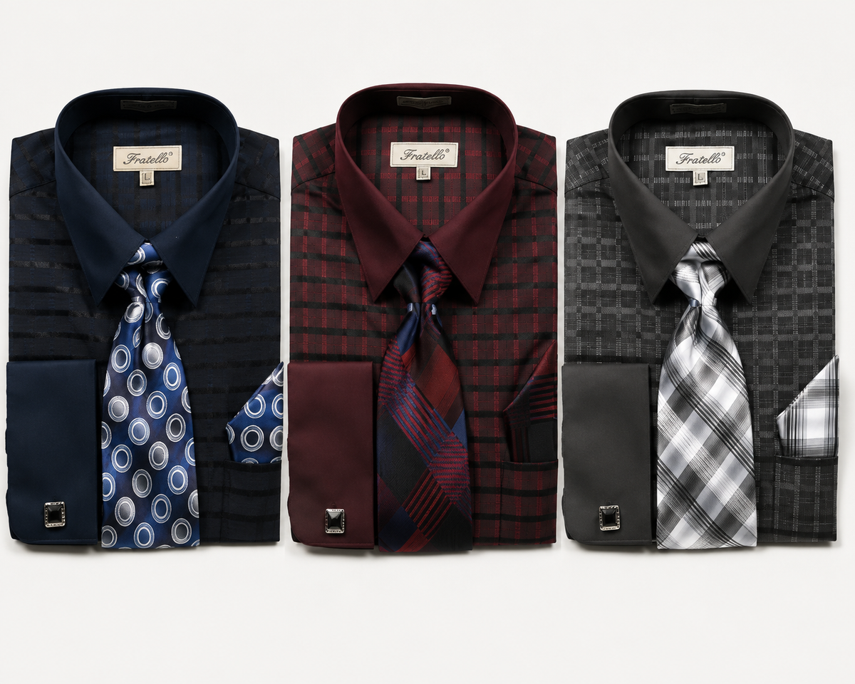Fratello Men's Dress Shirt Set with Matching Tie Pocket Square & Cufflinks