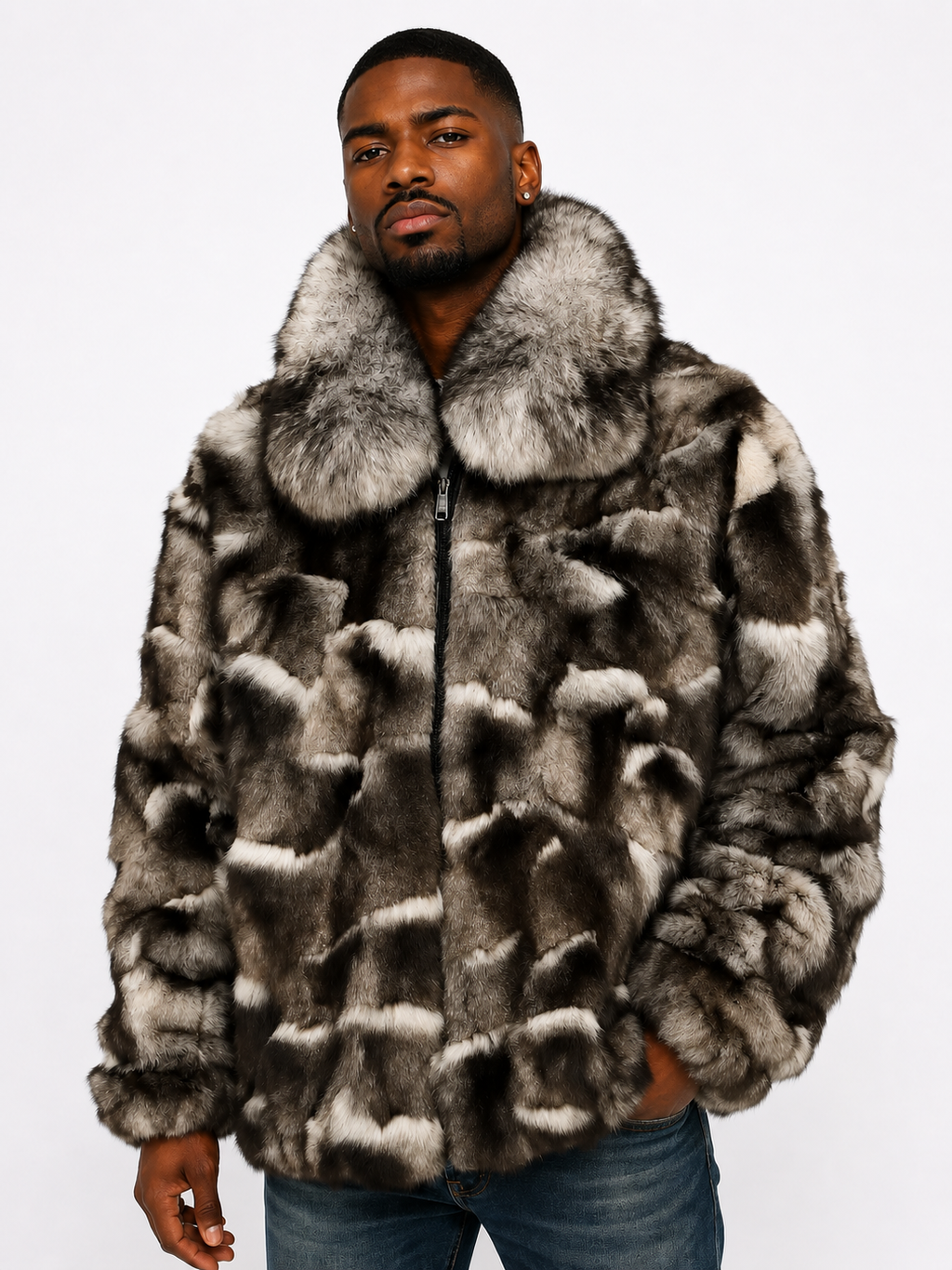 Winter Fur Men's Fox Bomber Jacket with Full-Skin Fox Collar