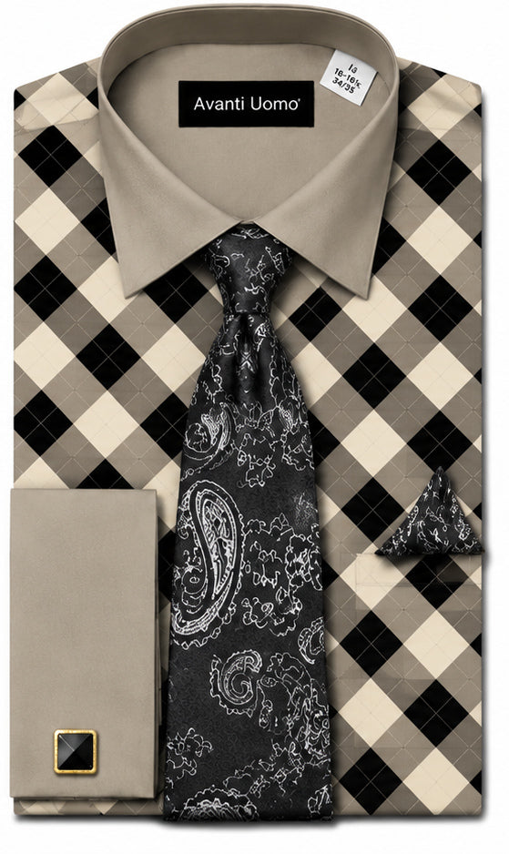 Avanti Uomo Men's Diamond Checkered Dress Shirt and Tie Set