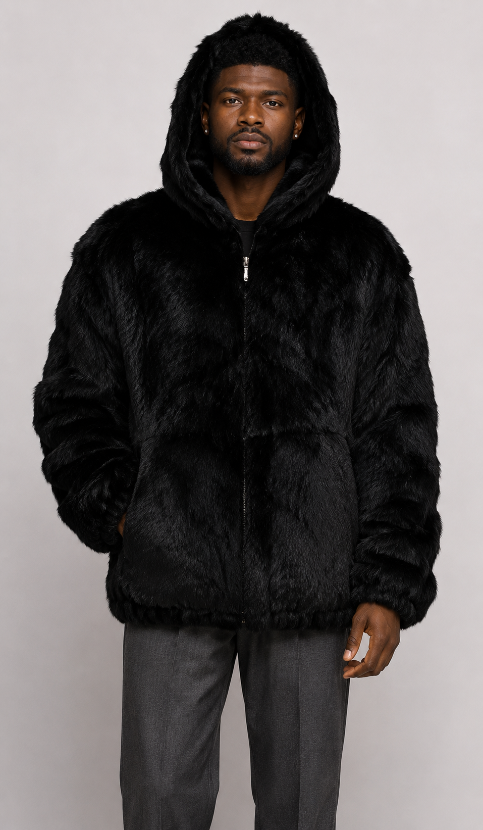 Winter Fur Men's Full-Skin Rabbit Fur Jacket with Detachable Hood
