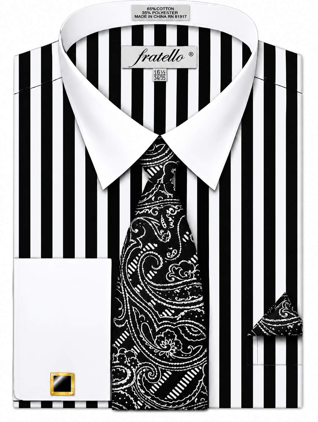 Fratello Men's Black & White Striped Dress Shirt & Tie Set