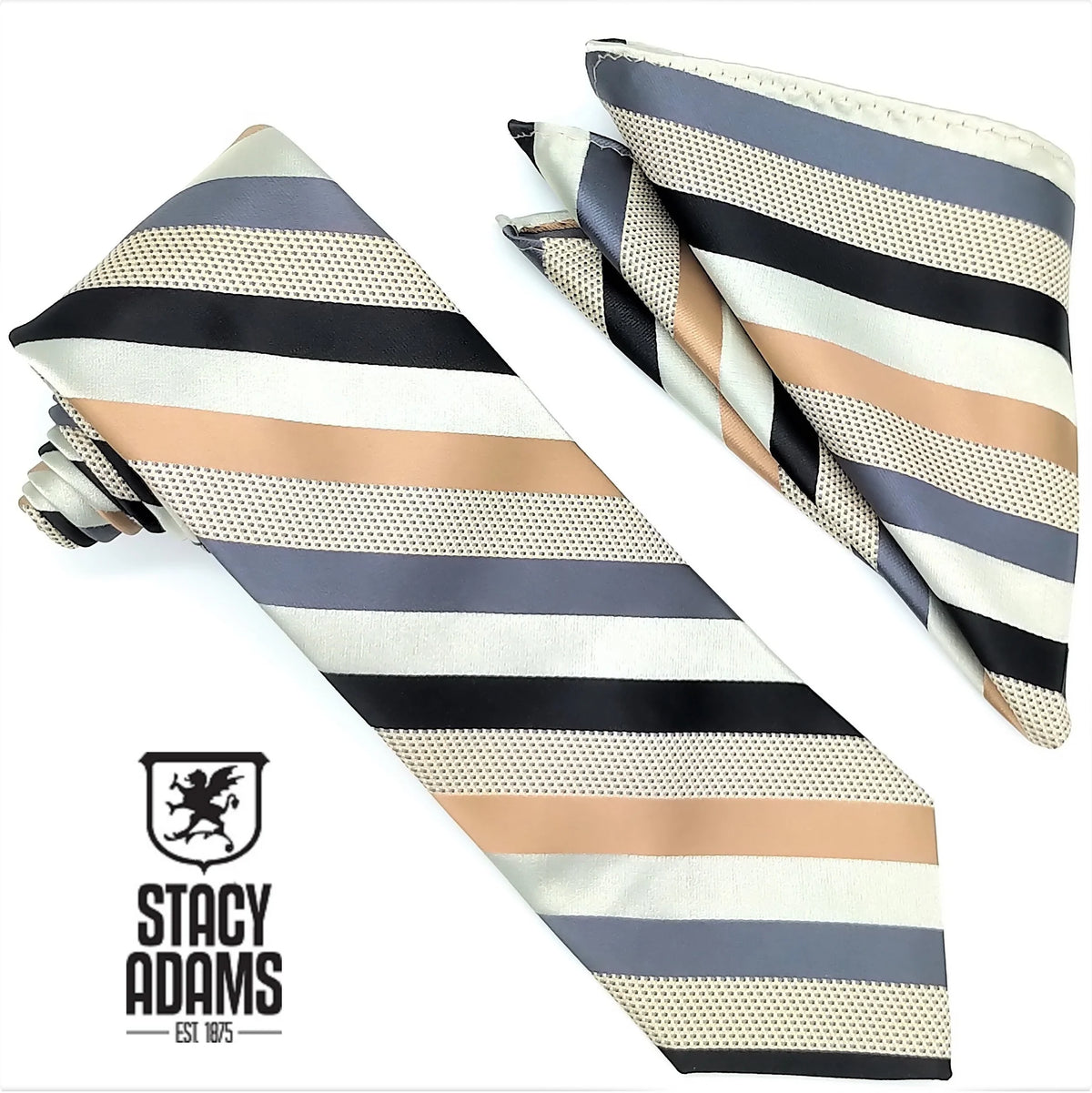 Stacy Adams Diagonal Striped Tie & Hanky Set - Black Ecru