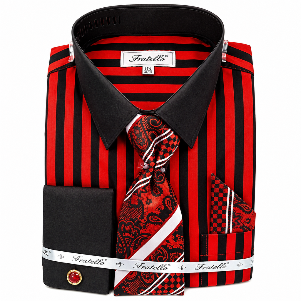 Fratello Men's Black & White Striped Dress Shirt & Tie Set