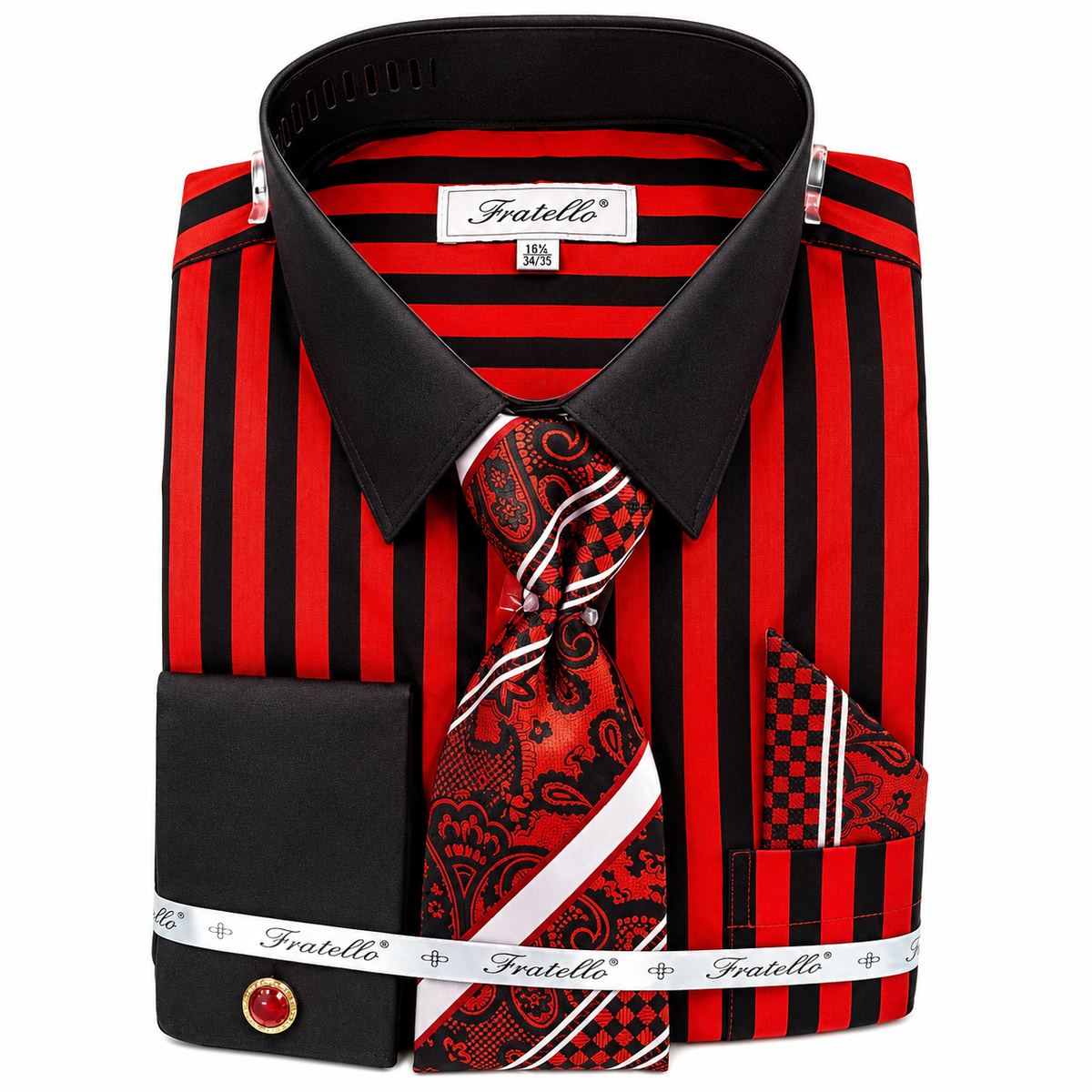 Fratello Men's Black & White Striped Dress Shirt & Tie Set