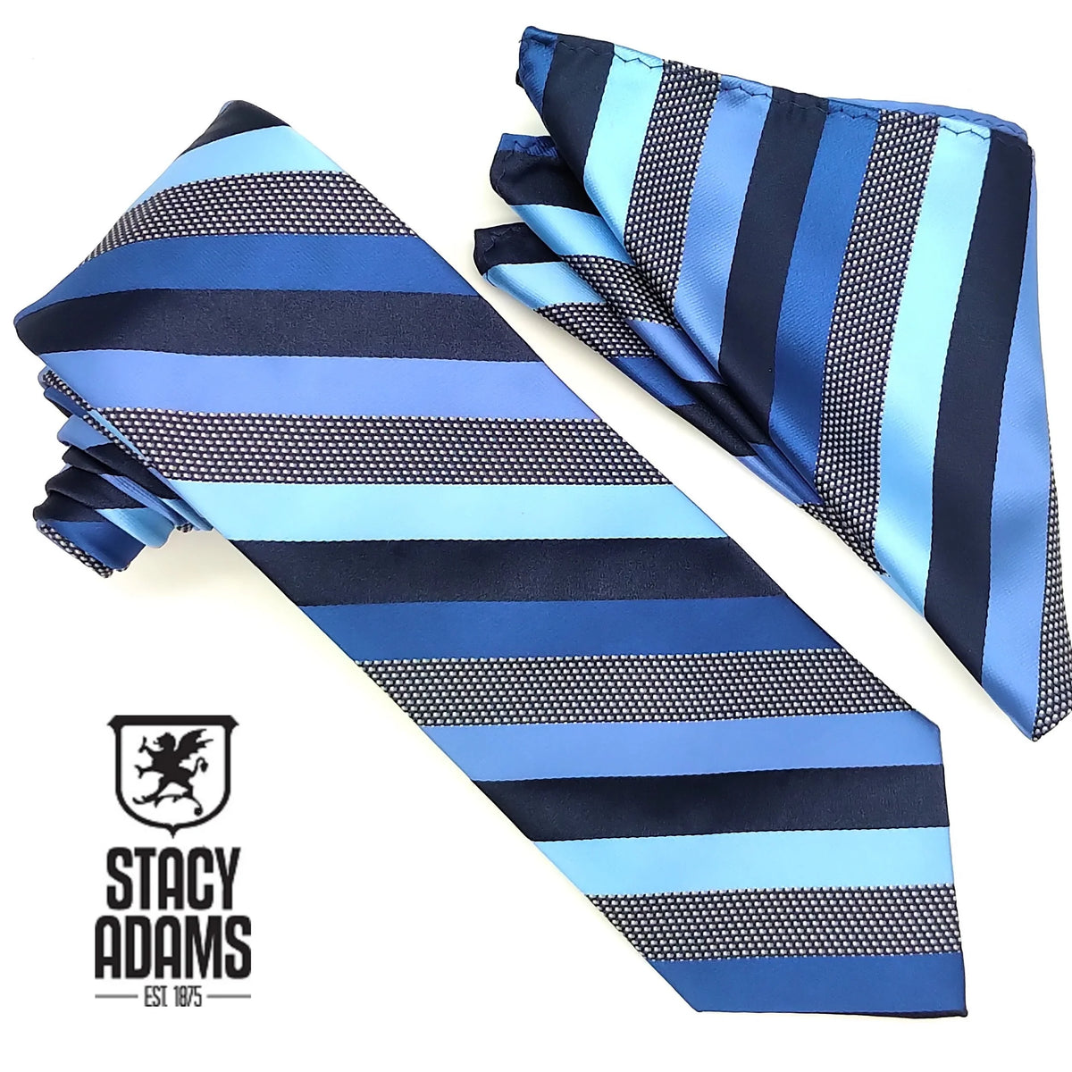 Stacy Adams Diagonal Striped Tie & Hanky Set - Royal Black