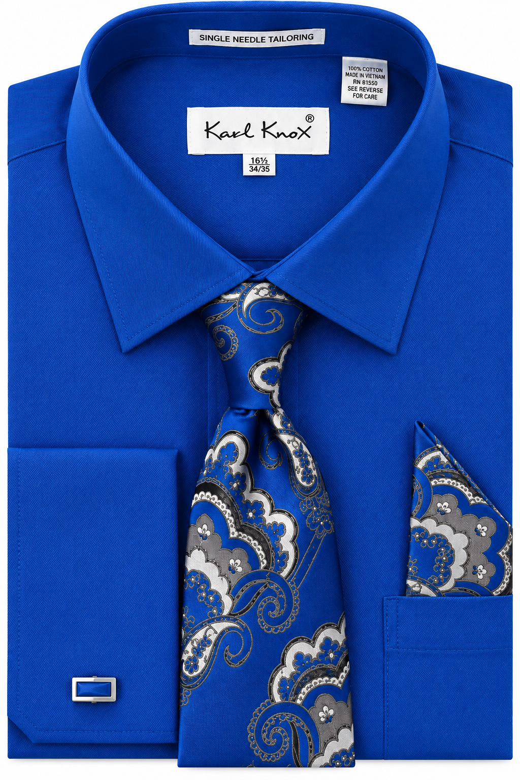 Karl Knox Men's French Cuff Solid Shirt Set - Bold Jacquard Tie