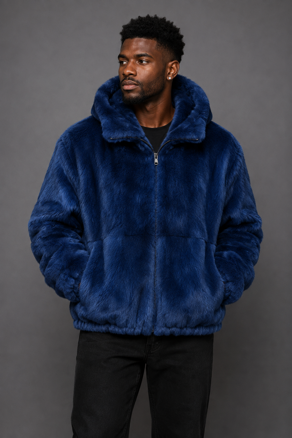 Winter Fur Men's Full-Skin Rabbit Fur Jacket with Detachable Hood