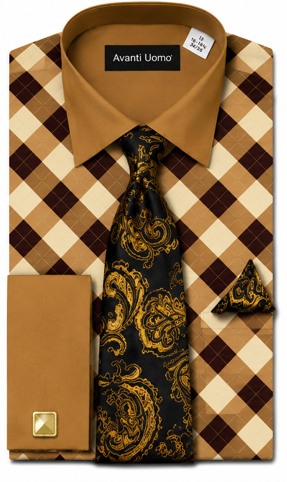 Avanti Uomo Men's Diamond Checkered Dress Shirt and Tie Set