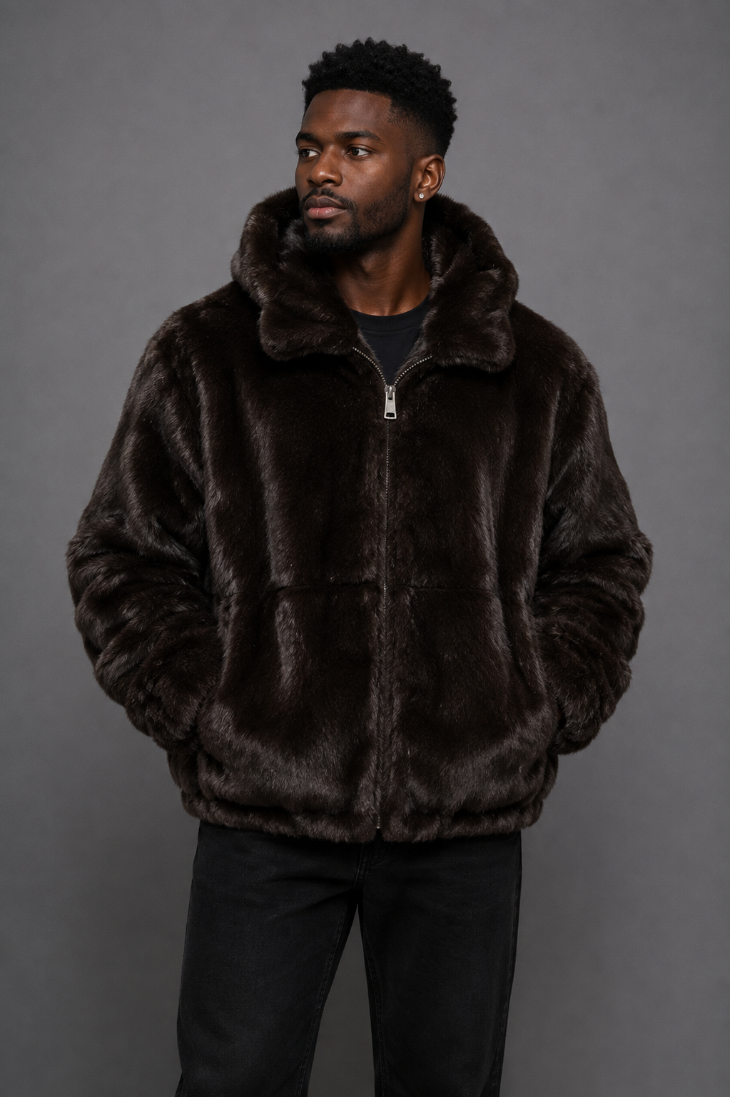 Winter Fur Men's Full-Skin Rabbit Fur Jacket with Detachable Hood