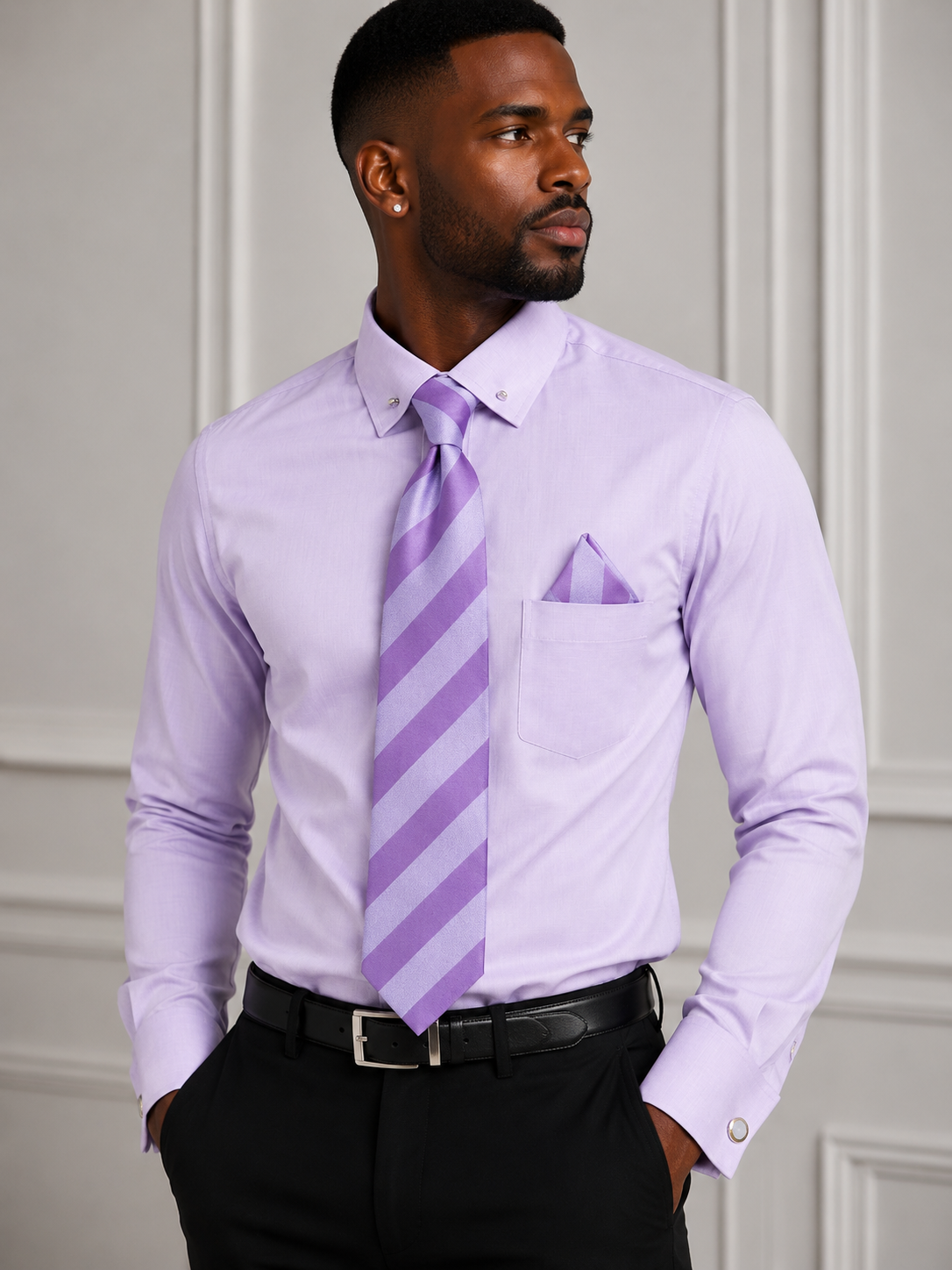 Karl Knox Men's French Cuff Collar Bar Shirt Set - Striped Tie