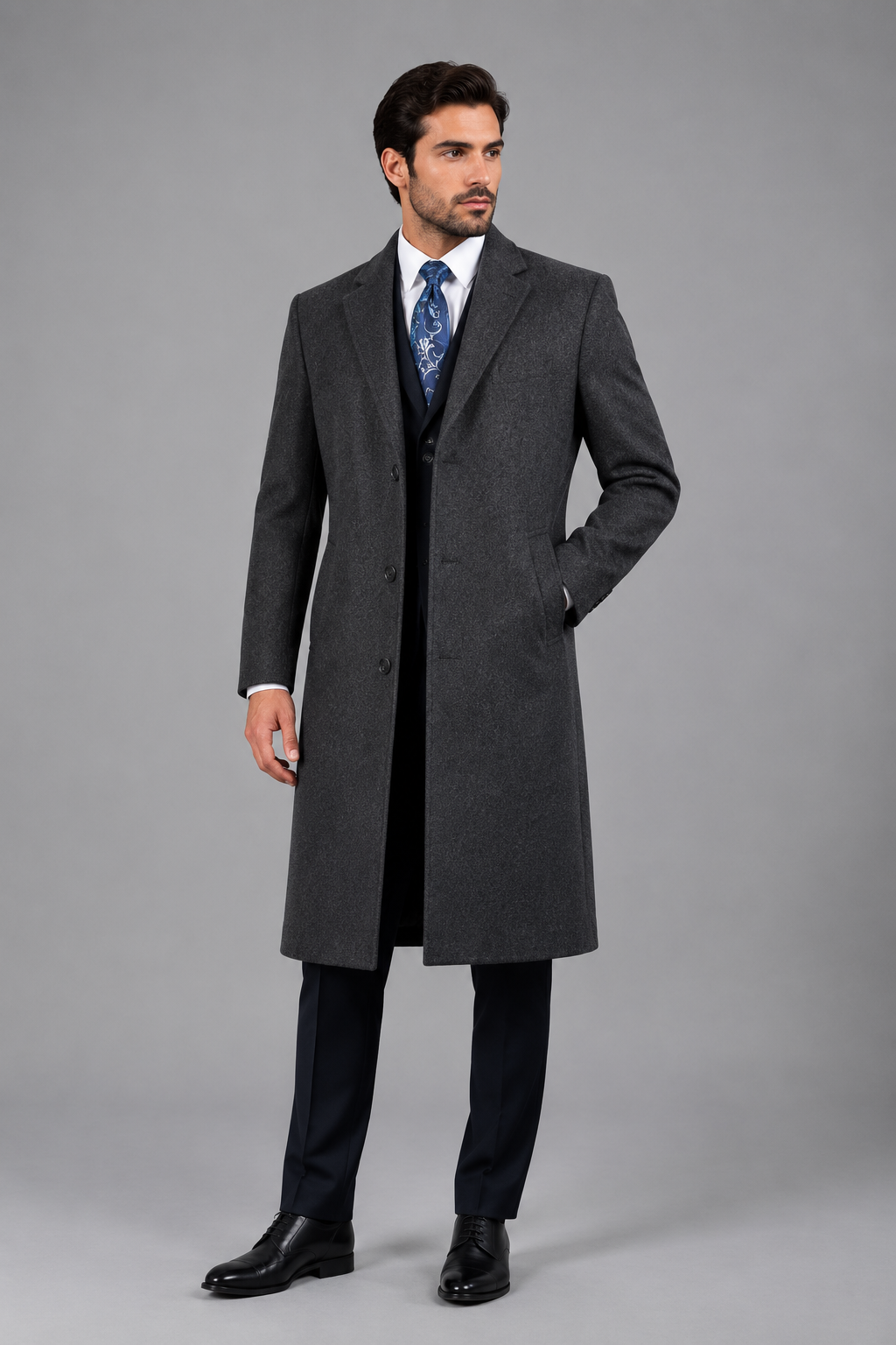 Vinci Men's Wool Topcoat Full Length Long Coat