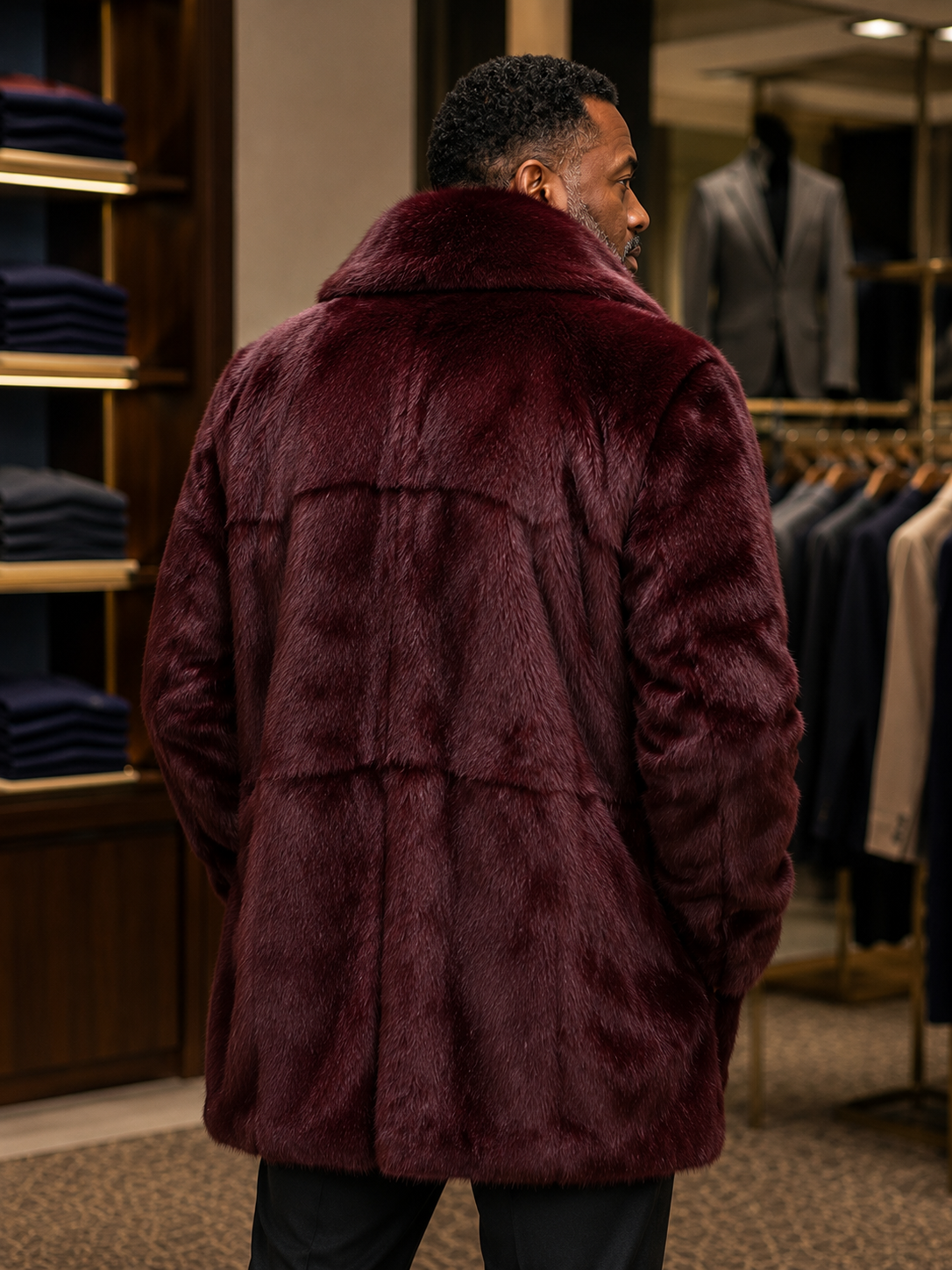 Men's double-breasted burgundy rabbit fur coat - back view