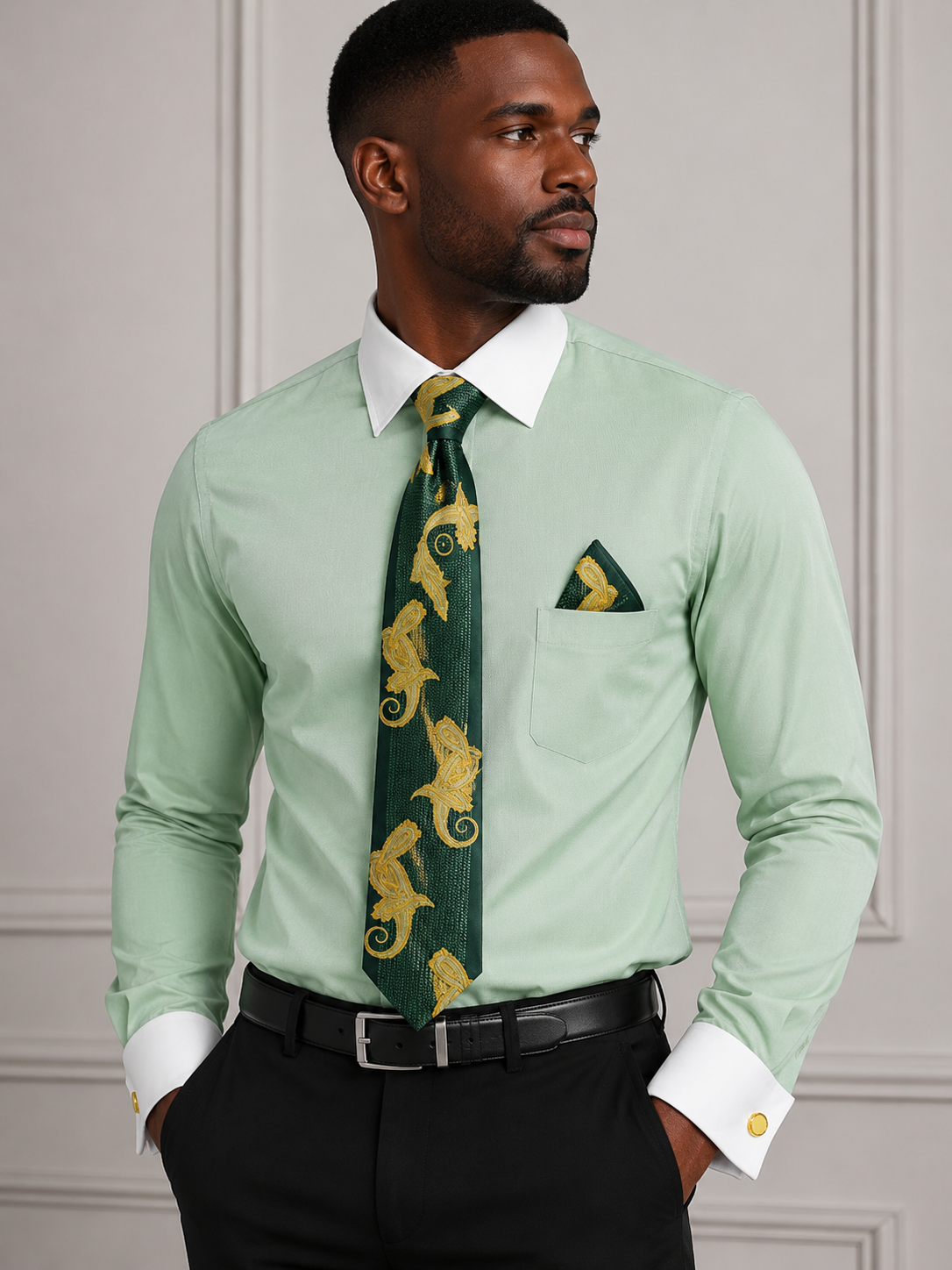 Karl Knox Men's French Cuff Solid Shirt Set - White Collar and Cuffs