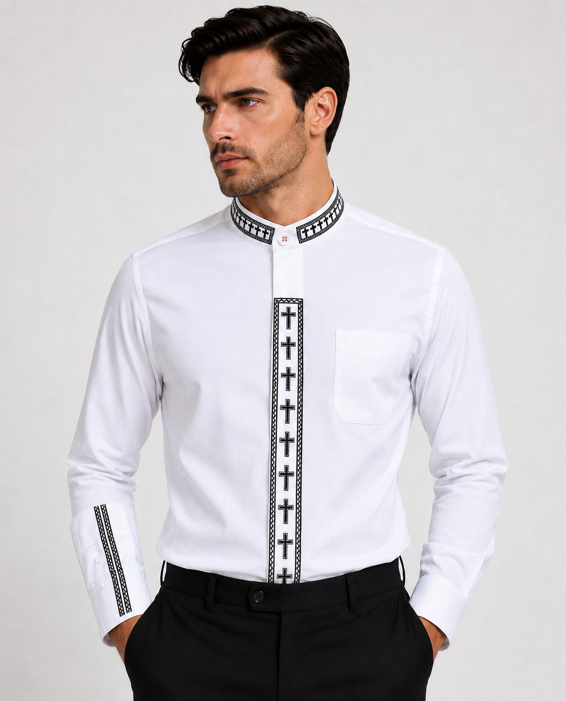 Daniel Ellissa Cross Embroidered Banded Collar Dress Shirt