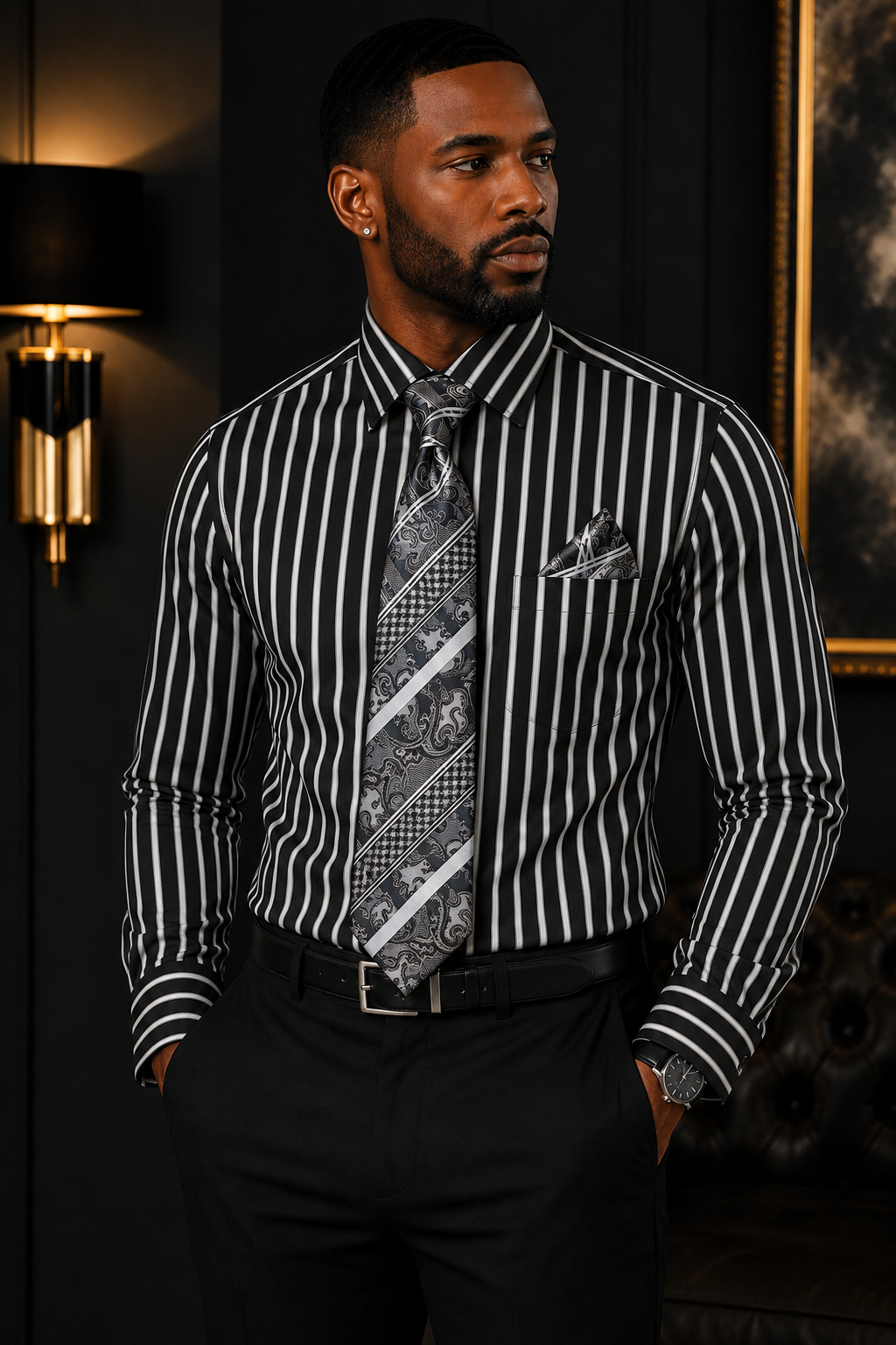 Avanti Uomo Men's Sharp Striped Dress Shirt & Tie Set